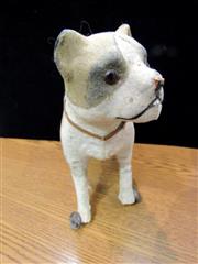 RARE ANTIQUE LATE 1800'S MOLDED CARDBOARD SPOTTED DOG W/GLASS EYES ON WHEELS